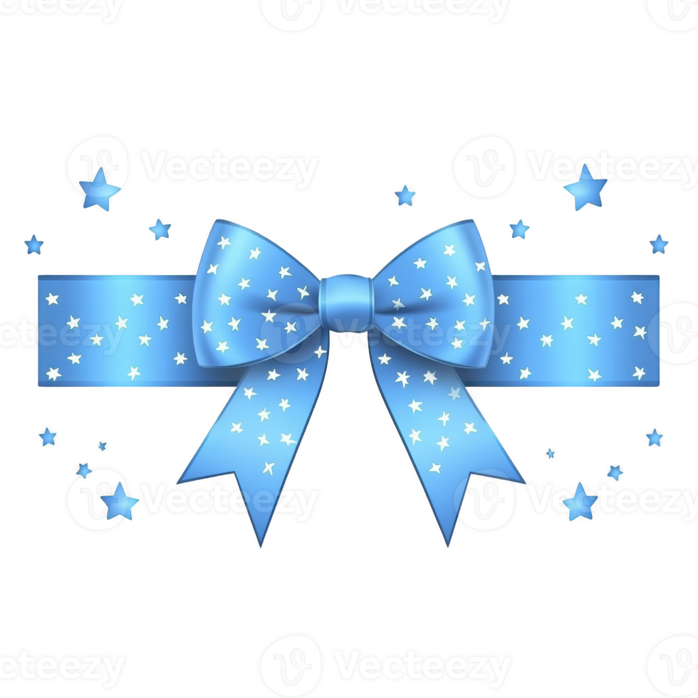Blue ribbon bow adorned with white stars is surrounded by scattered star shapes, creating festive and cheerful design. bow is tied neatly, adding touch of elegance png