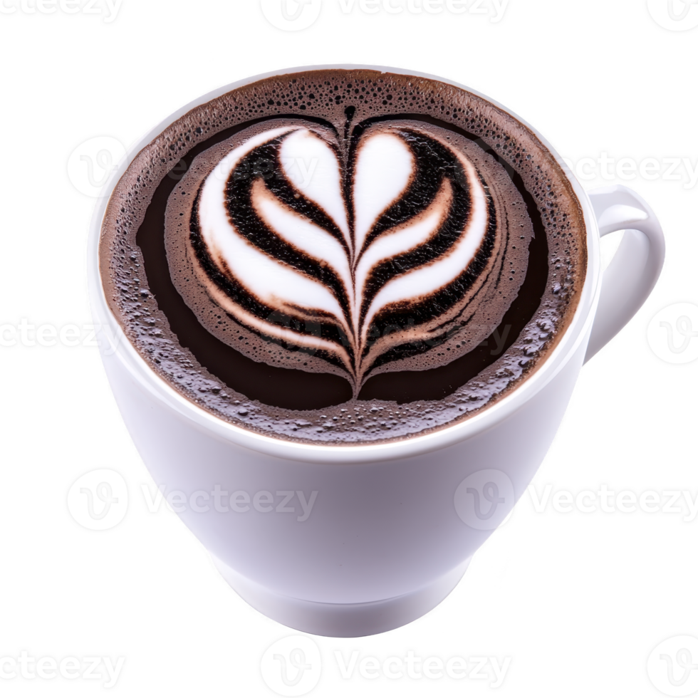 Cup of hot chocolate with intricate latte art in white ceramic mug, showcasing heart design. rich, creamy texture and artistic presentation create warm, inviting feel png