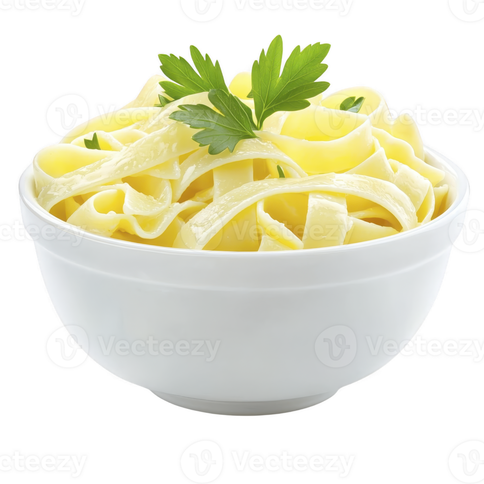 Bowl of delicious fettuccine pasta garnished with fresh parsley, served in white ceramic bowl. pasta is cooked to perfection, showcasing simple yet elegant presentation png