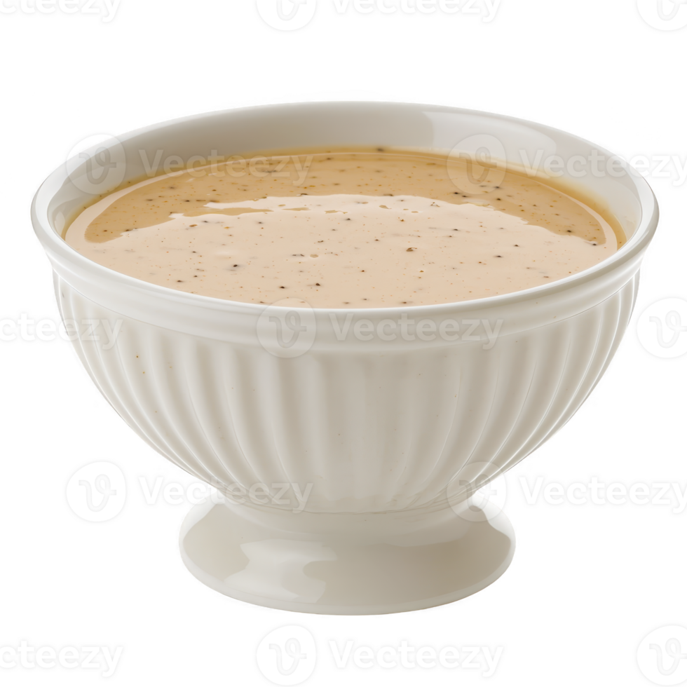 Creamy sauce in white ceramic bowl, featuring smooth texture and speckled with herbs, perfect for enhancing dishes with rich flavor png