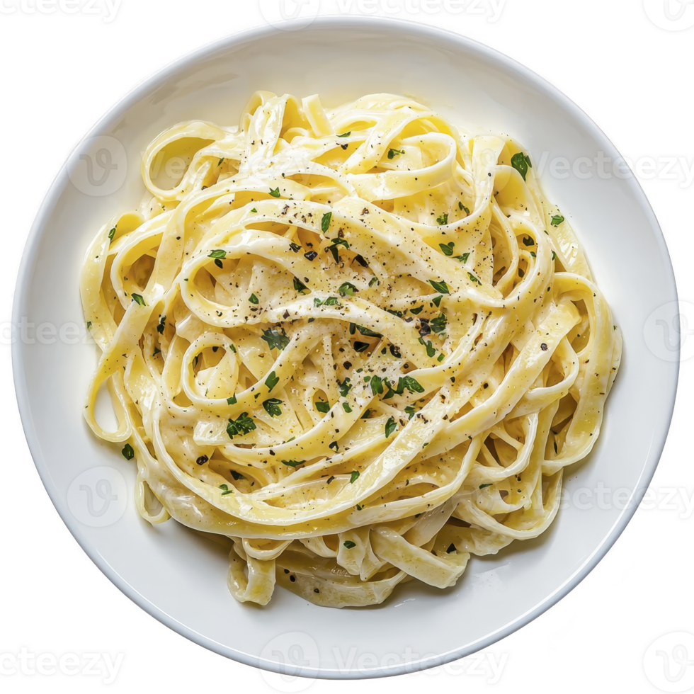 Plate of creamy fettuccine Alfredo garnished with parsley and black pepper, showcasing rich and indulgent pasta dish png