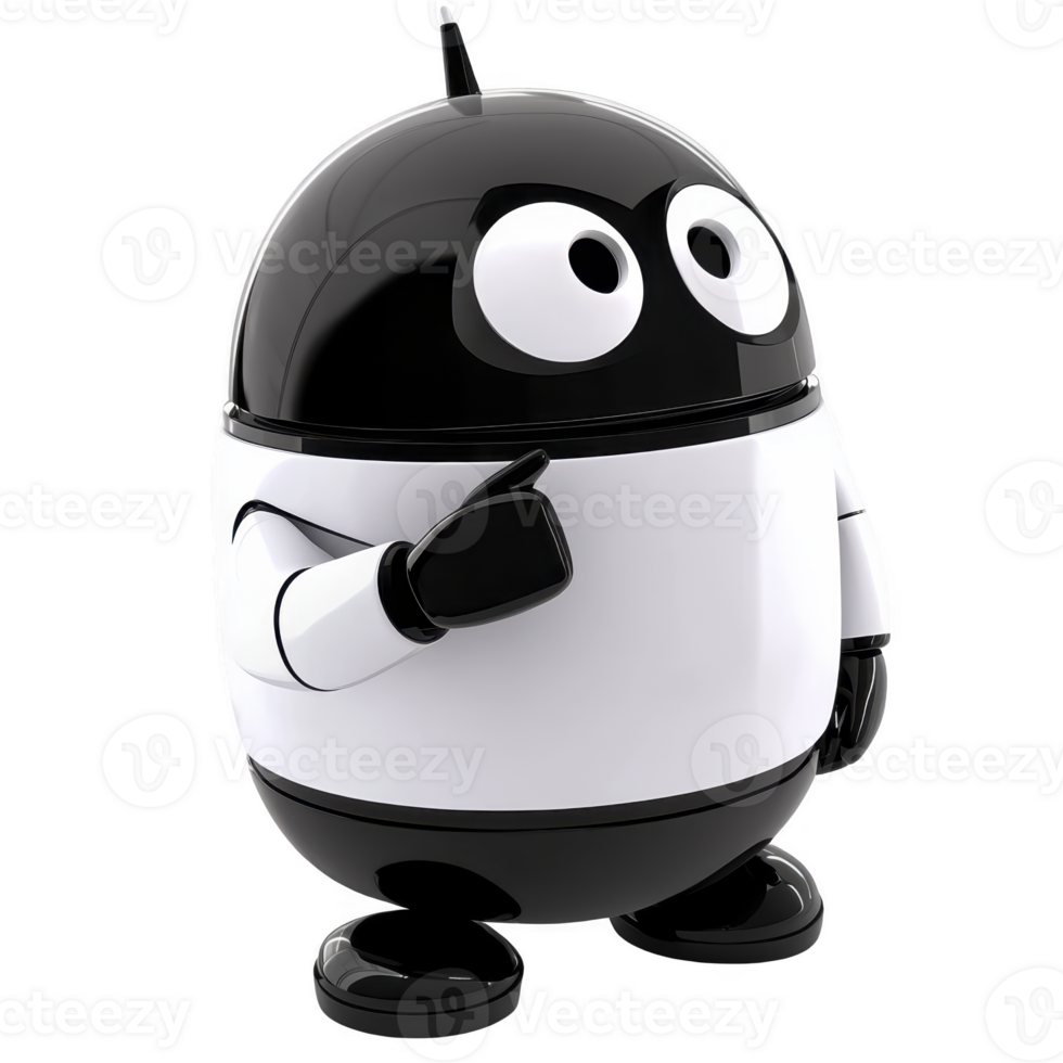 Cute black and white cartoon robot with large eyes and round body stands with one arm raised, appearing to point or gesture. robot design is simple and friendly, evoking sense of curiosity png