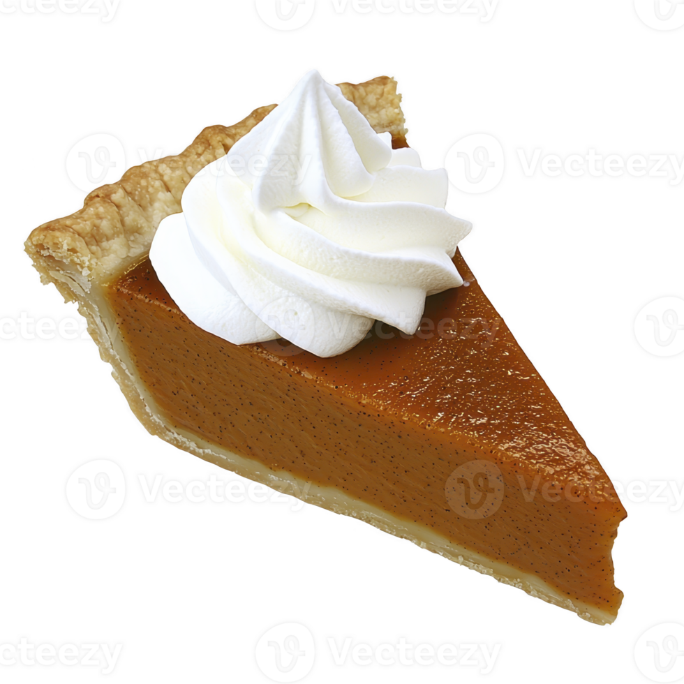 Slice of pumpkin pie topped with swirl of whipped cream, showcasing smooth, rich filling and flaky crust. Perfect for autumn celebrations and Thanksgiving desserts png