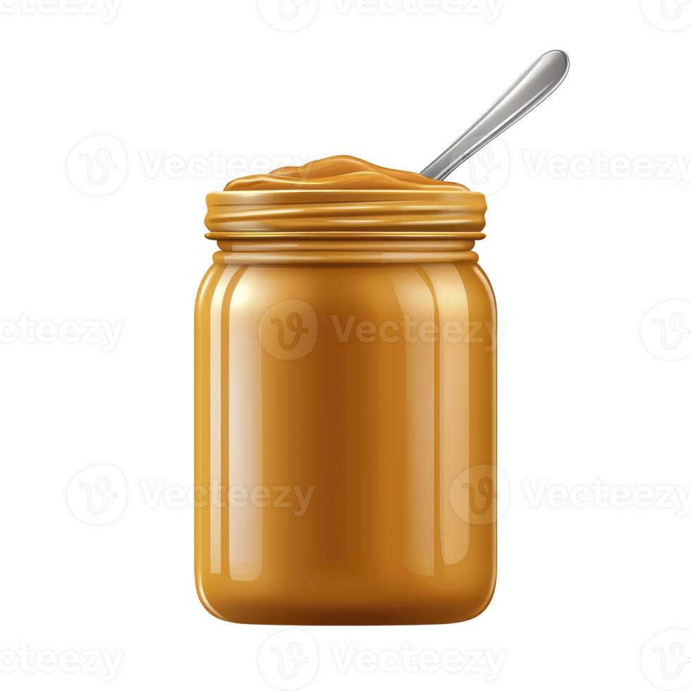 Jar of creamy peanut butter with spoon inside, showcasing its smooth texture and rich color, perfect for spreading or baking png