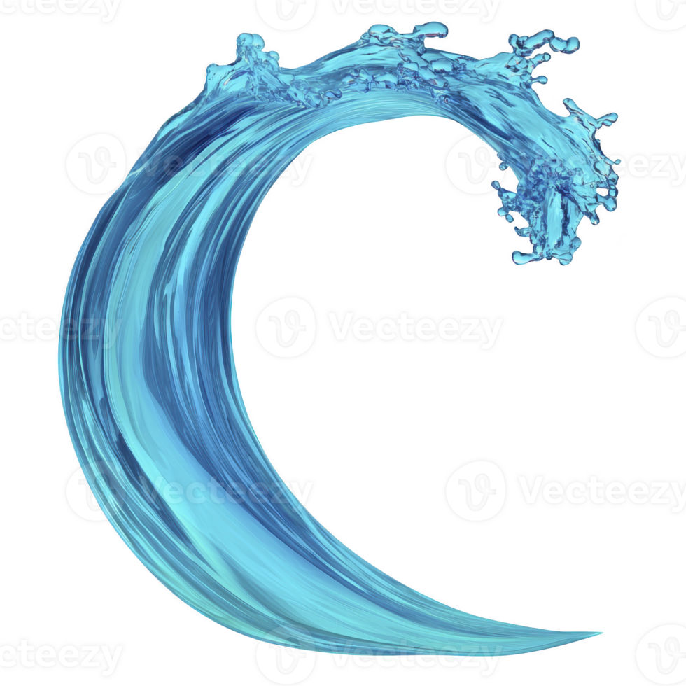 Dynamic splash of water forms graceful, curved wave against transparency background, capturing fluidity and motion of ocean. vibrant blue hues evoke sense of freshness and energy png