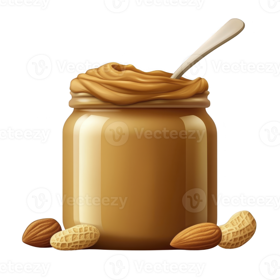 Jar of creamy peanut butter with spoon inside is surrounded by peanuts and almonds, showcasing delicious and smooth texture png