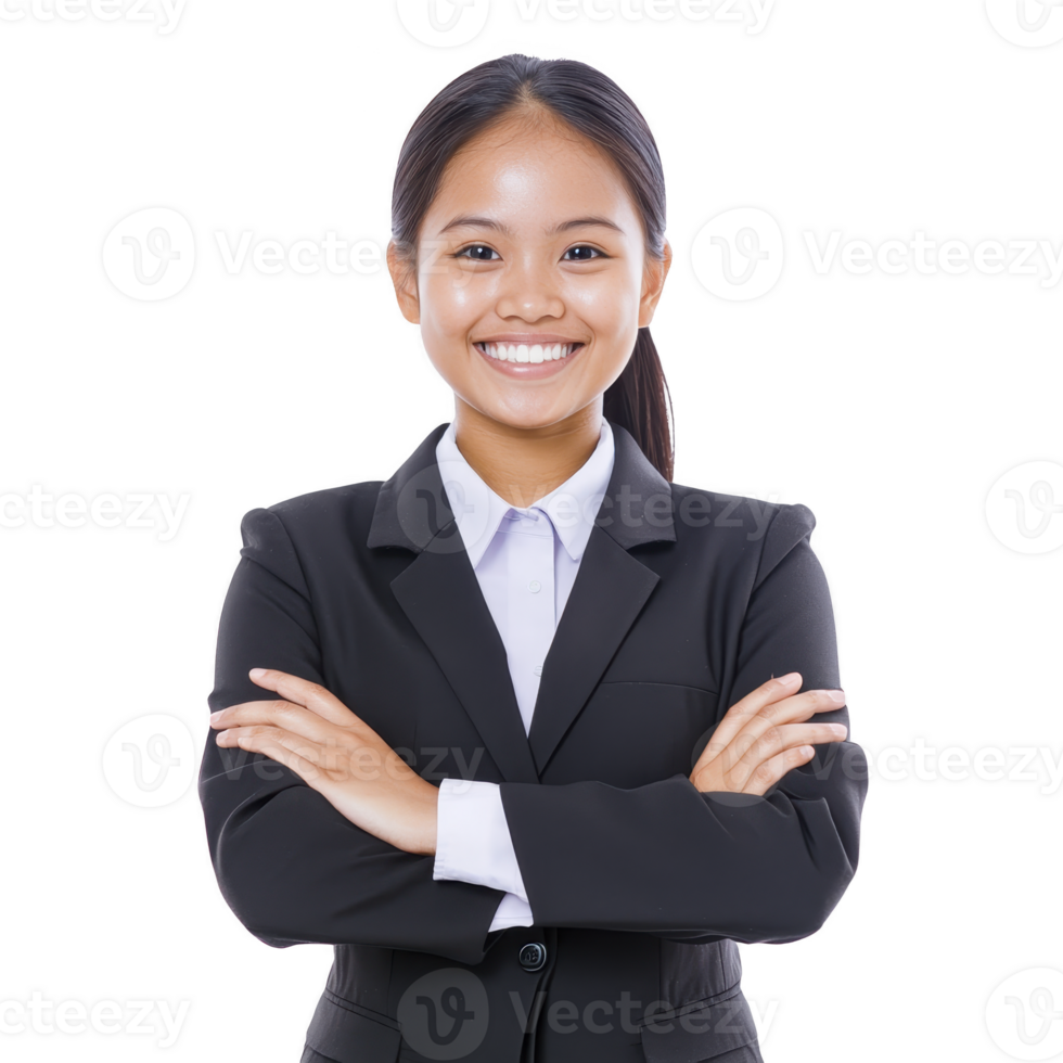 Confident young woman in business suit stands with arms crossed, smiling warmly. She exudes professionalism and positivity, ideal for corporate or business contexts png