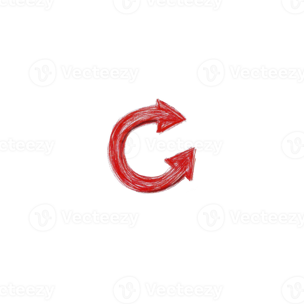Red, hand drawn refresh icon with two arrows forming circle on transparent background. sketchy style gives it playful and informal appearance png