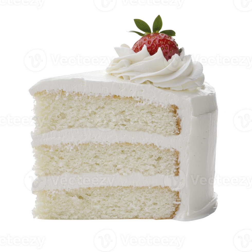 Slice of delicious white cake with three layers of fluffy sponge and smooth white frosting, topped with fresh strawberry and swirl of whipped cream png