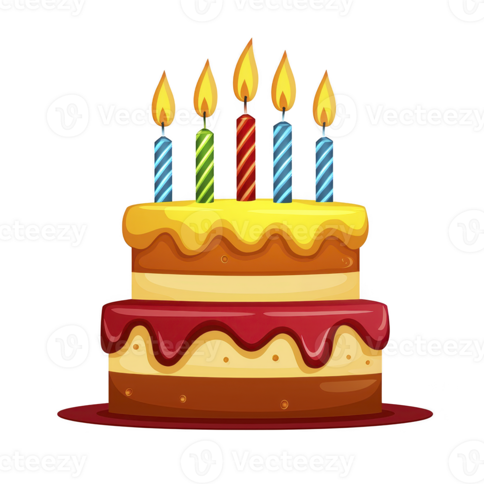 Colorful birthday cake with five lit candles on top, featuring layers of icing in red and yellow, creating festive and celebratory atmosphere png