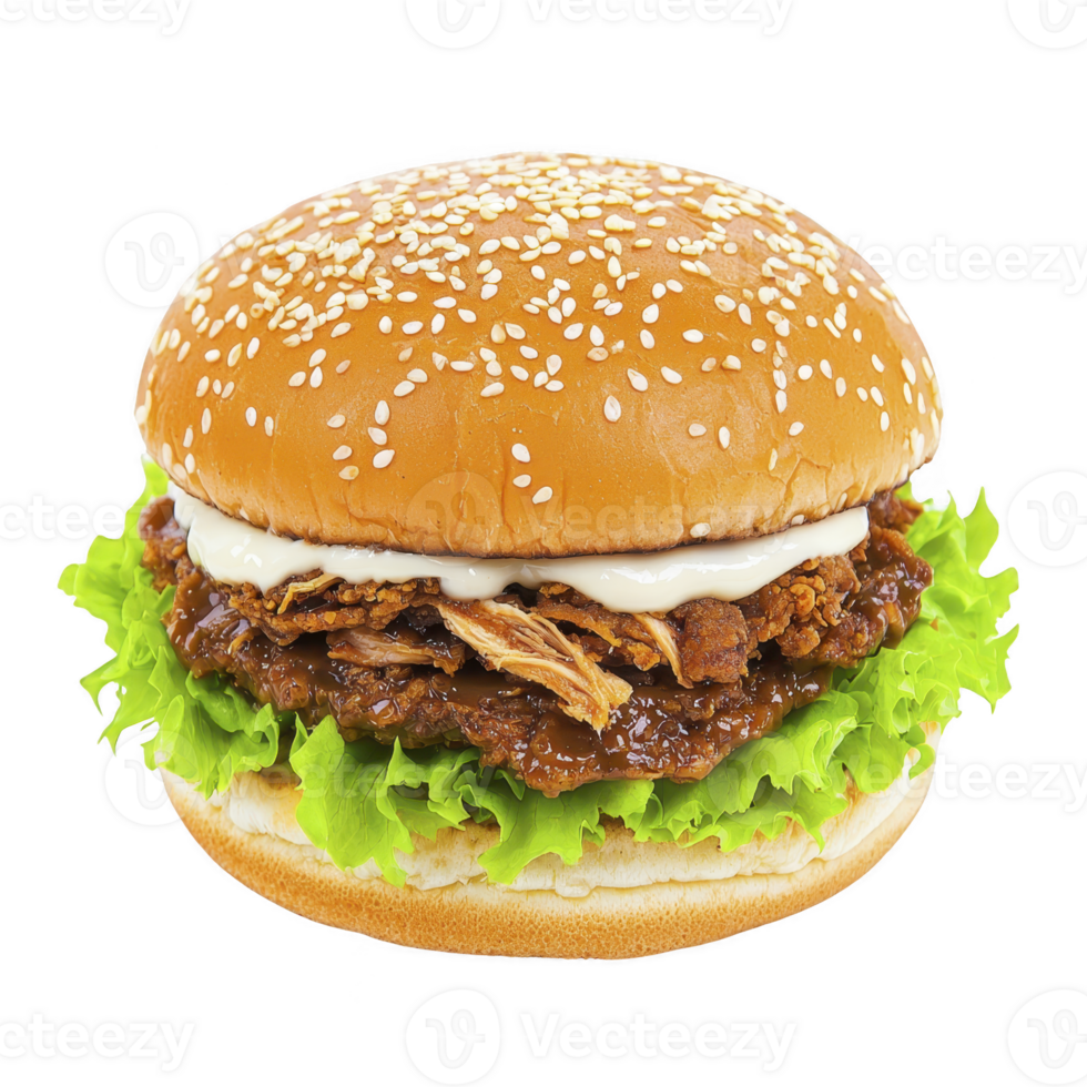 Delicious pulled pork burger with sesame seed bun, fresh lettuce, and creamy sauce, perfect for satisfying meal png