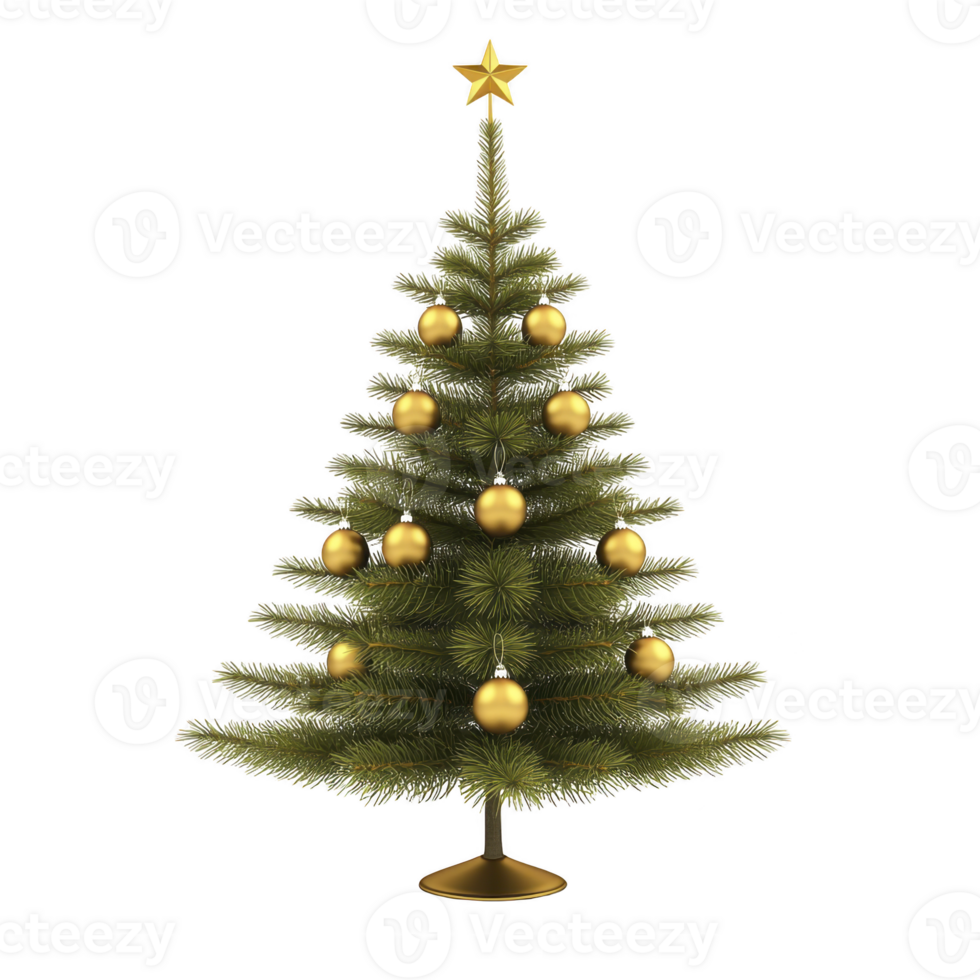 Beautifully decorated Christmas tree with golden ornaments and star on top stands elegantly, evoking festive and joyful atmosphere png