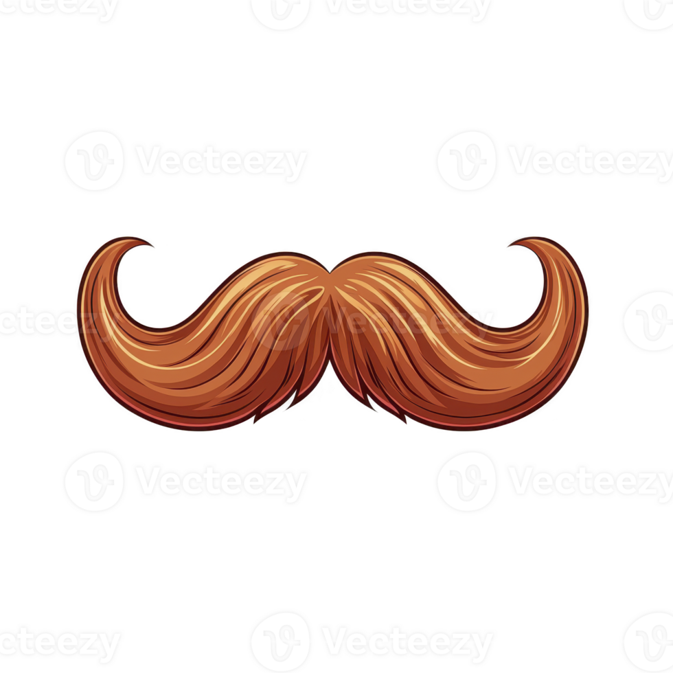 Stylized illustration of thick, curled mustache with vibrant orange hue, evoking playful and retro vibe. mustache features detailed shading and texture, giving it three dimensional appearance png
