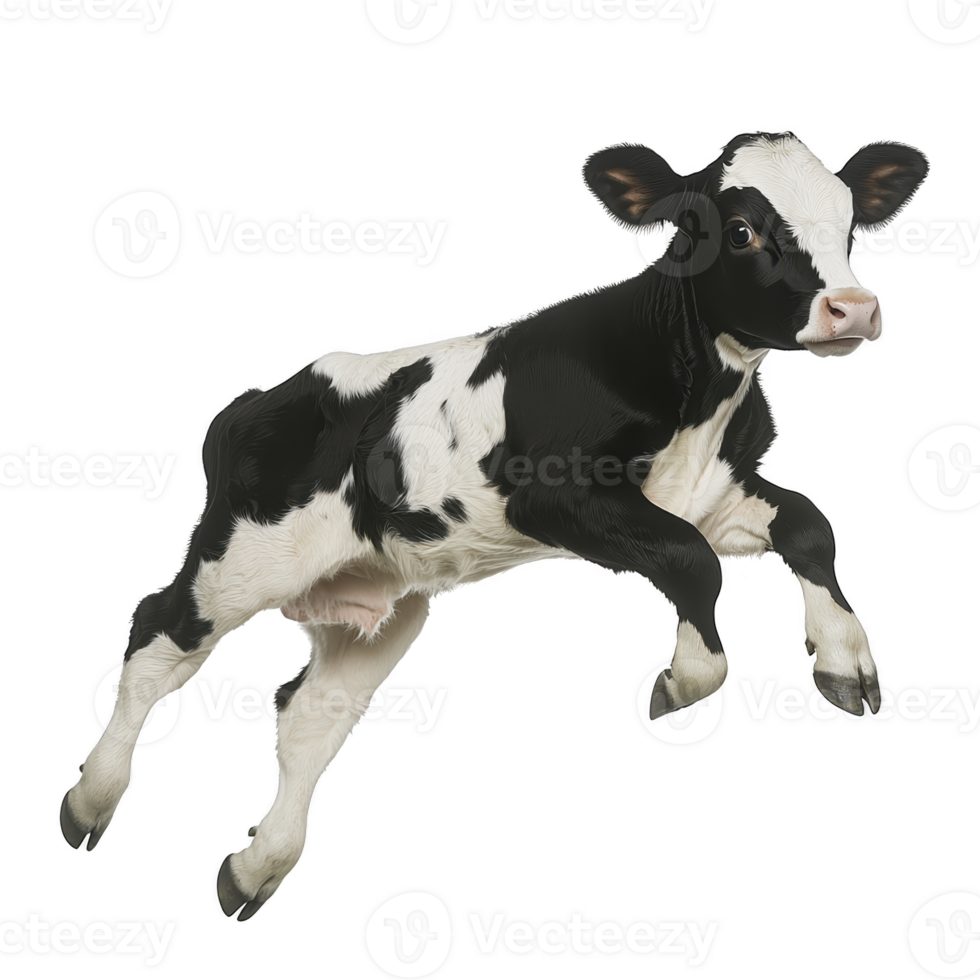 Playful black and white calf jumps energetically against transparency background, showcasing its youthful energy and vitality png