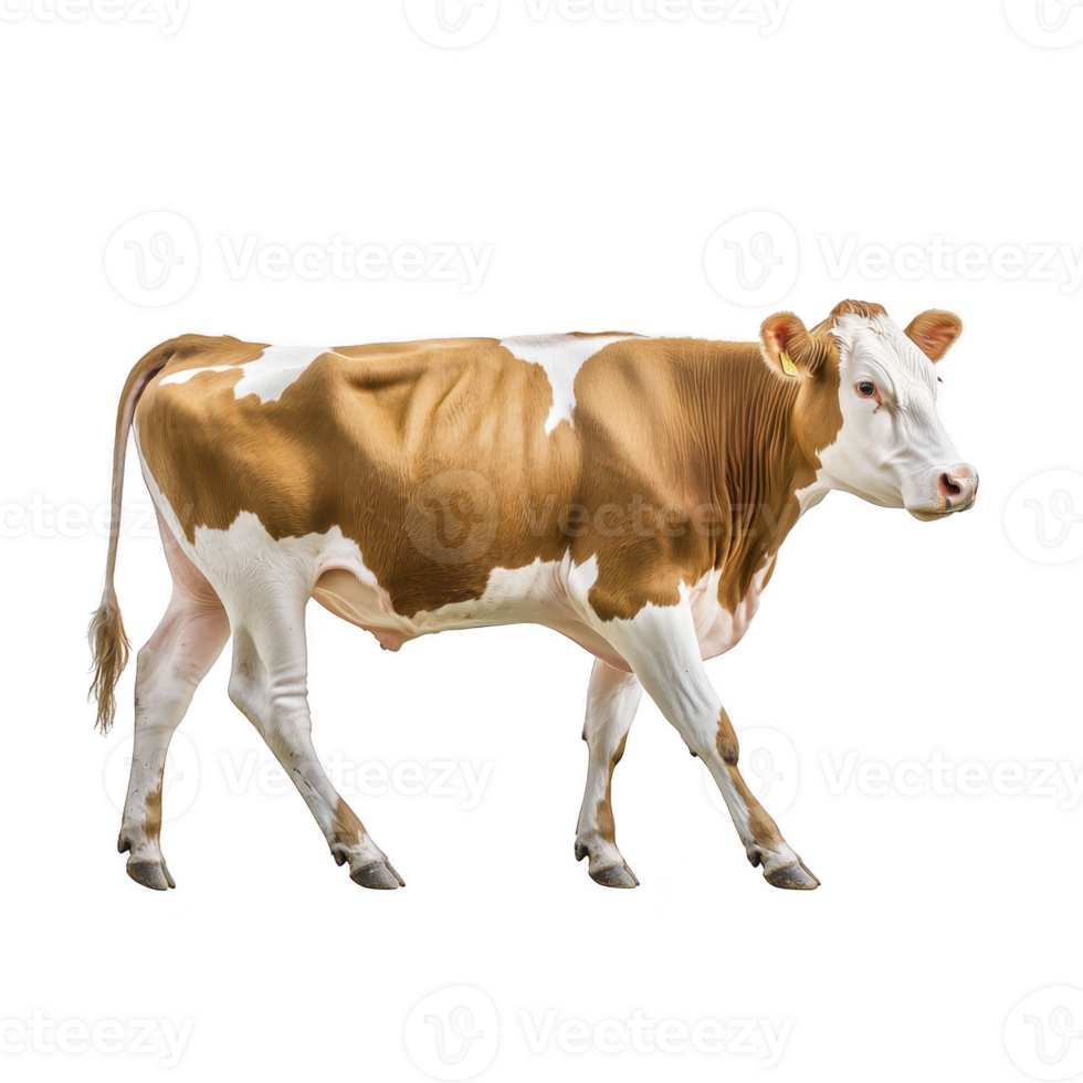 Brown and white cow stands on transparency background, showcasing its distinctive markings and calm demeanor. cow ears are tagged, indicating it might be part of farm or agricultural setting png