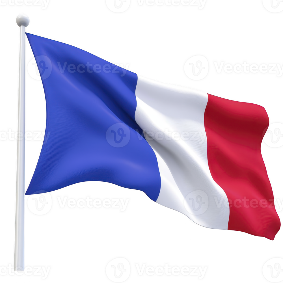 Image shows French flag waving, featuring vertical blue, white, and red stripes. flag is attached to pole, symbolizing national pride and identity png