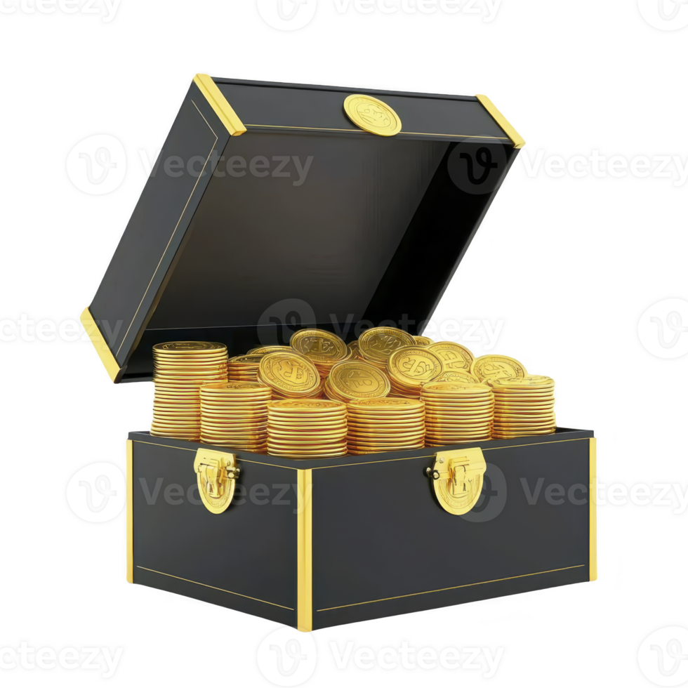 Black treasure chest with gold trim is overflowing with stacks of shiny gold coins, symbolizing wealth and prosperity. open lid reveals abundance inside png