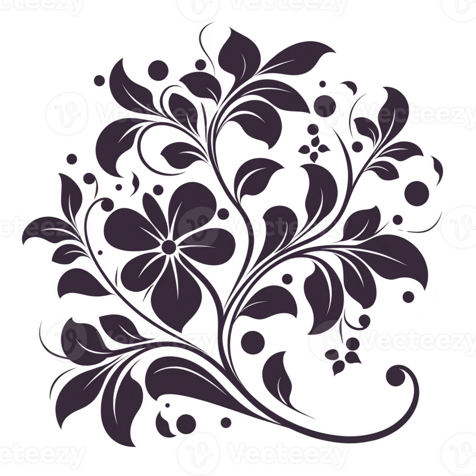 Decorative floral design with intricate purple flowers and swirling leaves creates elegant and artistic pattern. transparency background enhances contrast and highlights delicate details png