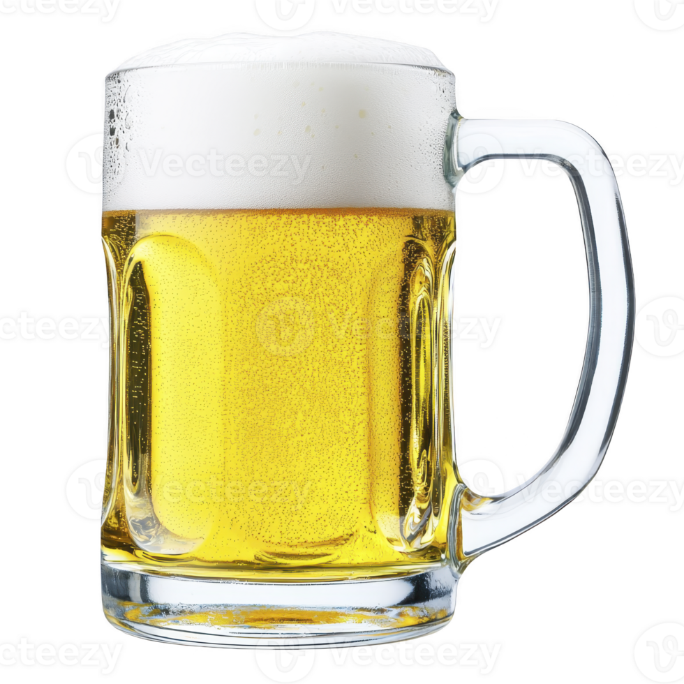 Frothy mug of golden beer with bubbles rising to top, showcasing refreshing and inviting appearance. glass handle adds classic touch to beverage presentation png