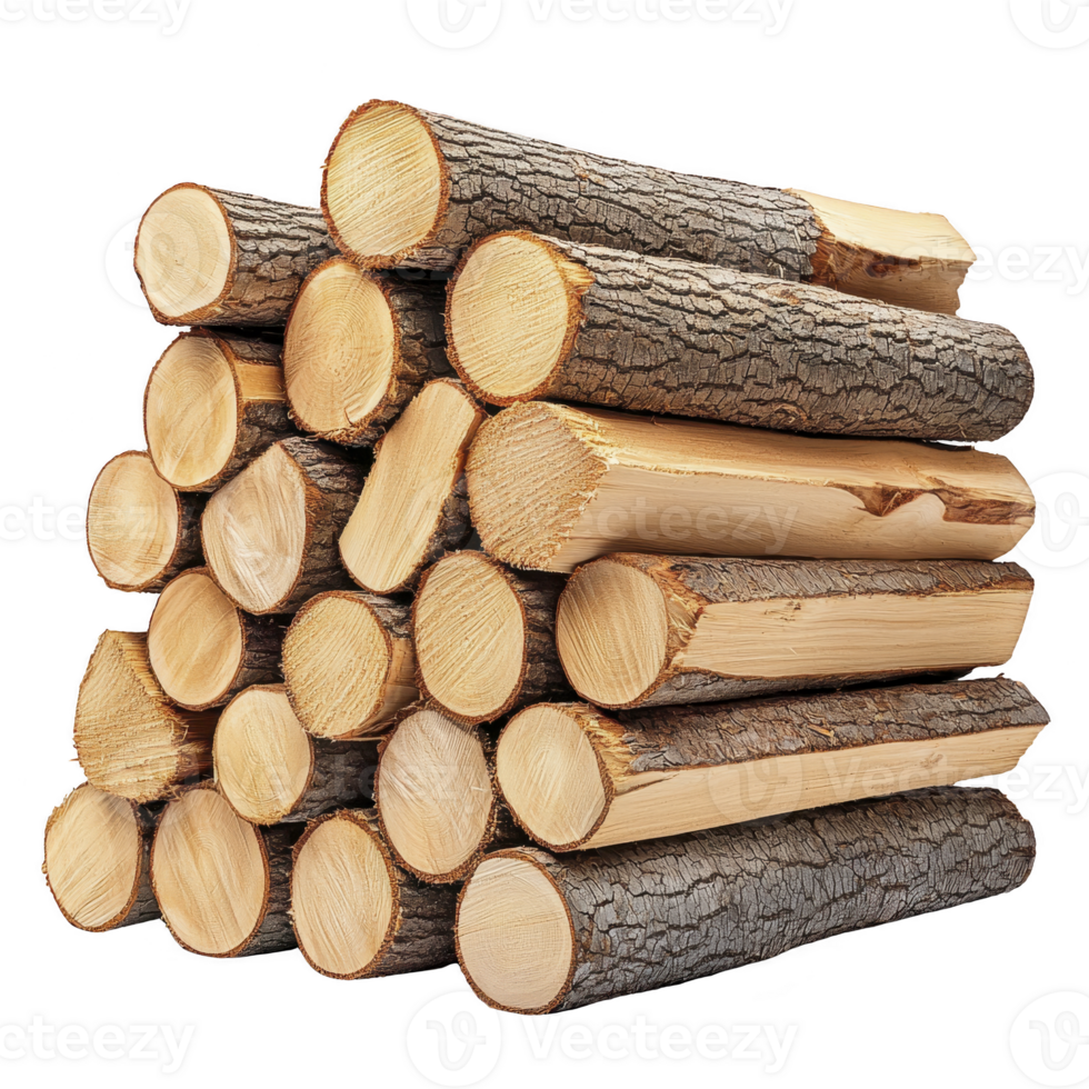 Stack of neatly arranged firewood logs with visible bark and cut ends, ready for use. logs are stacked in pyramid shape, showcasing their natural texture and color png