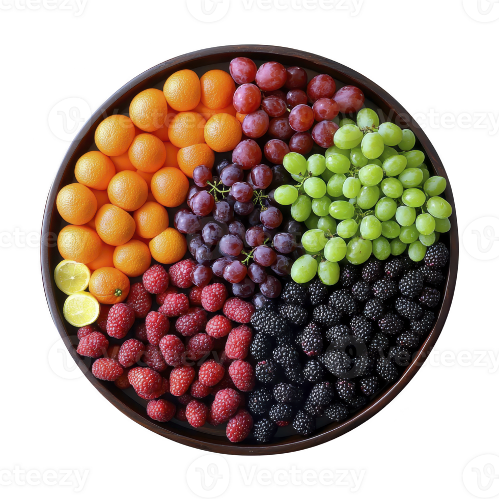 Vibrant platter of fresh fruits including oranges, red grapes, green grapes, raspberries, blackberries, and lime slices, arranged in circular pattern png