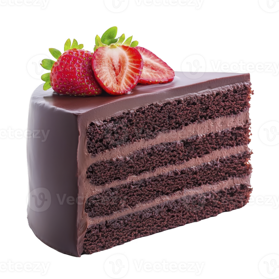 Slice of rich chocolate cake with smooth frosting is topped with fresh strawberries, creating delightful and indulgent dessert png