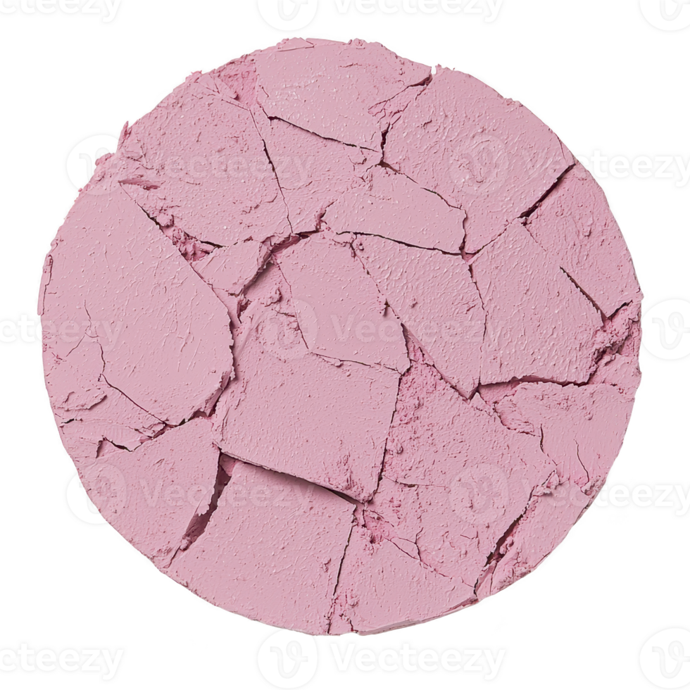 Cracked pink powder makeup compact, showing texture and detail, isolated on transparency background. broken pieces create abstract pattern, highlighting product vibrant color png