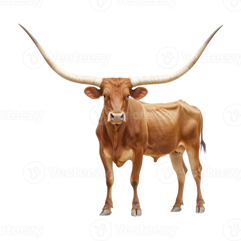 Majestic longhorn cow stands proudly, showcasing its impressive, curved horns and sleek, brown coat. animal strong stance and alert expression convey sense of strength and grace png