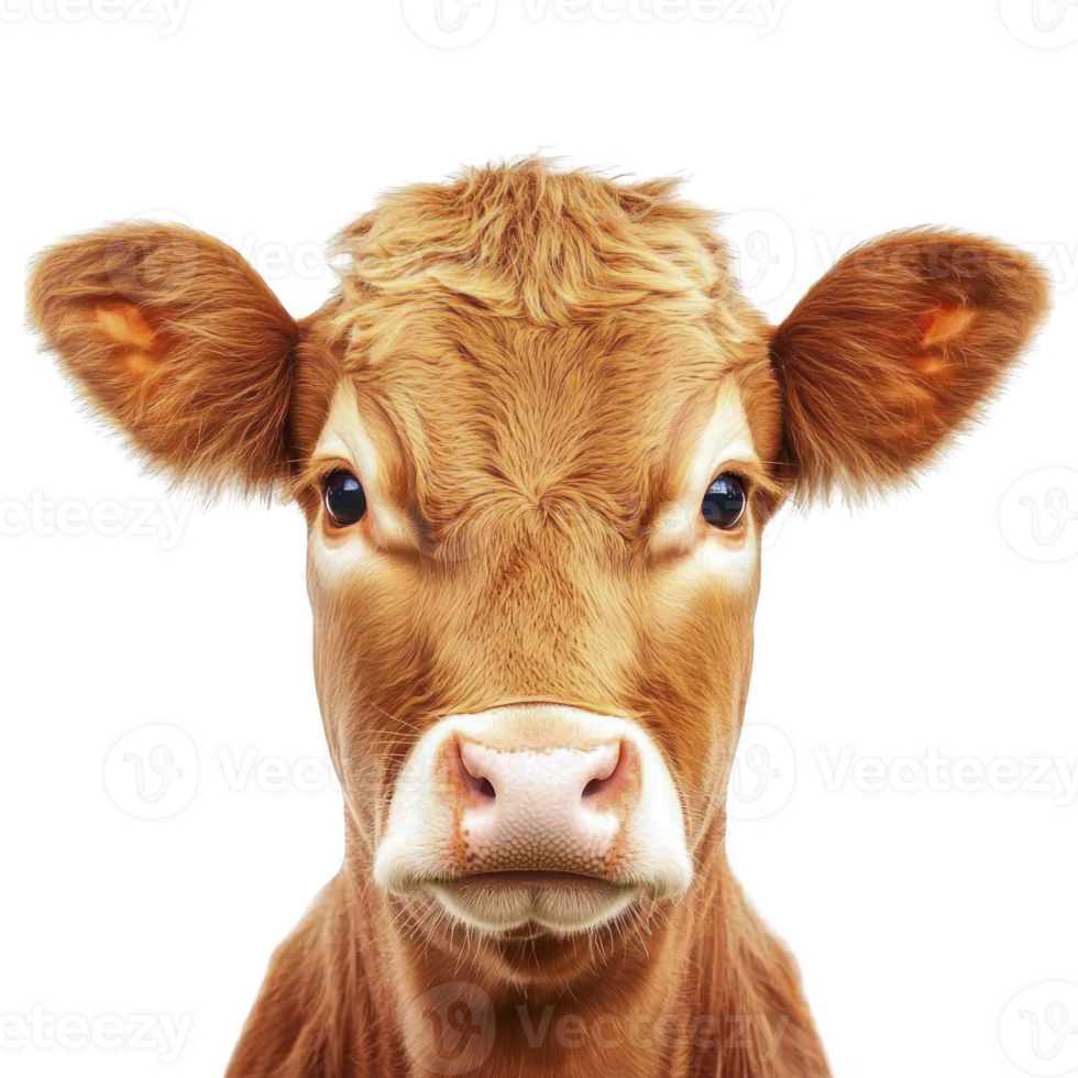Close up of brown cow with curious expression, showcasing its large ears and soft fur against transparency background png