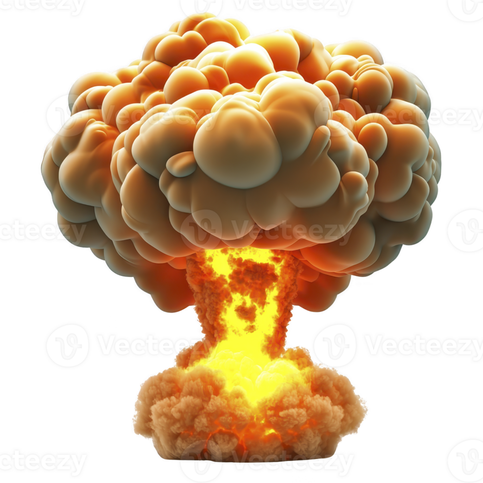 Large, fiery explosion with mushroom cloud shape dominates image, showcasing intense energy and power. cloud is composed of billowing smoke and bright flames, creating dramatic and impactful scene png