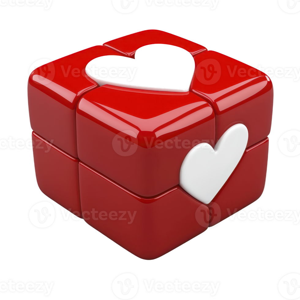 Red cube puzzle with heart shaped cutouts on its sides, featuring glossy finish and playful design. cube vibrant color and unique shape make it visually appealing png