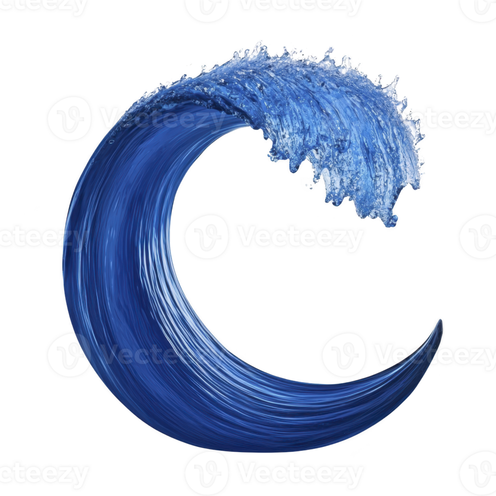 Dynamic, artistic representation of blue wave curling gracefully, capturing fluidity and power of water in motion. wave texture and color evoke sense of energy and movement png