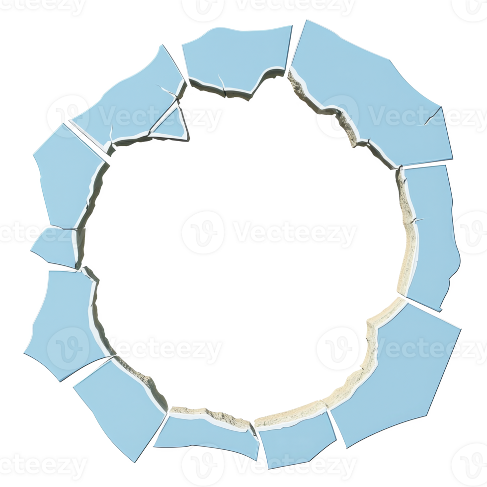 Circular pattern of broken blue tiles forms ring, creating dynamic and abstract design. jagged edges and varying shapes of tiles add texture and interest to composition png
