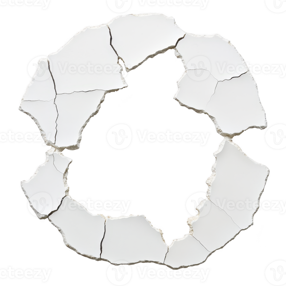 Cracked white plaster circle with jagged edges and visible fractures creates sense of brokenness and imperfection. texture and irregular shape add depth and interest png