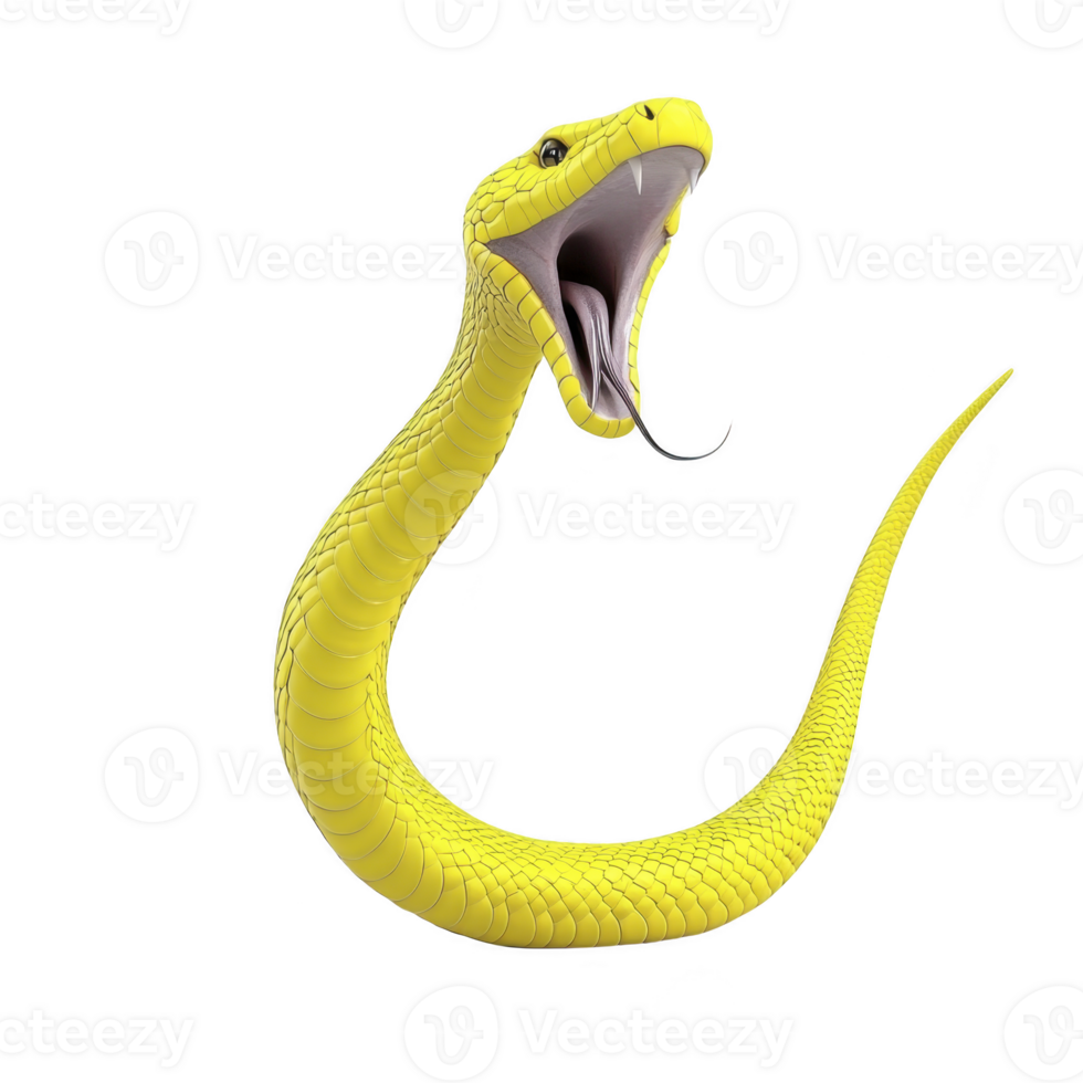 Vibrant yellow snake with open mouth and visible fangs, poised in striking position. snake scales are detailed, and its forked tongue is extended, creating intense and dynamic image png