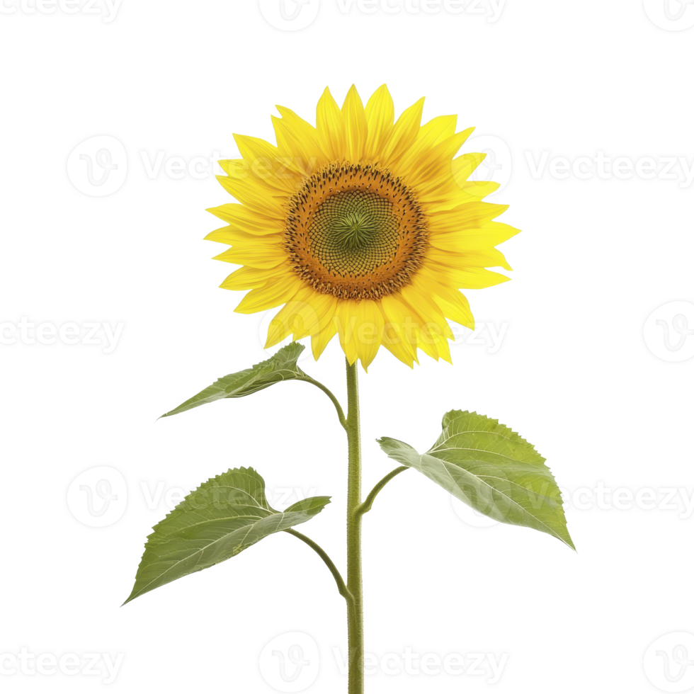 Vibrant sunflower with bright yellow petals and green stem stands against transparency background, showcasing its natural beauty and intricate details png