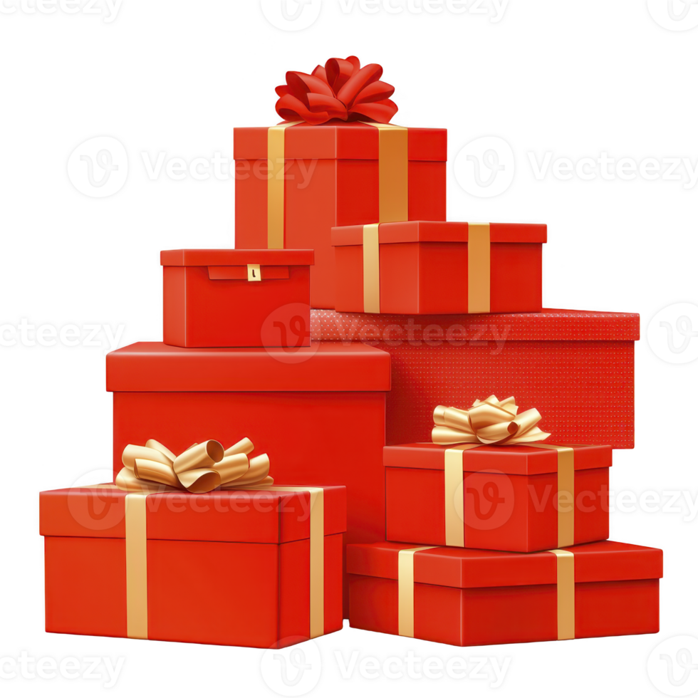 Stack of vibrant red gift boxes adorned with gold ribbons and bows, creating festive and celebratory atmosphere. Perfect for holiday or special occasion themes png