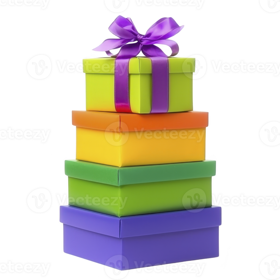 Colorful stack of gift boxes with purple ribbon, featuring vibrant green, orange, and yellow hues, perfect for celebrations and festive occasions png