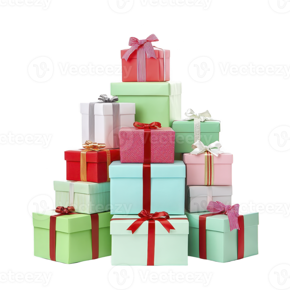 Stack of colorful gift boxes with ribbons and bows, featuring various sizes and pastel shades, creating festive and cheerful atmosphere png