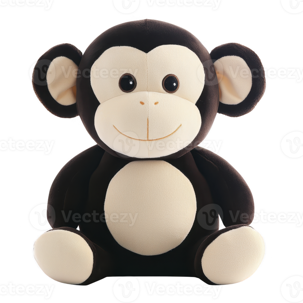 Cute plush monkey toy with friendly smile, featuring soft brown and beige fabric, large ears, and round belly, perfect for children and collectors png