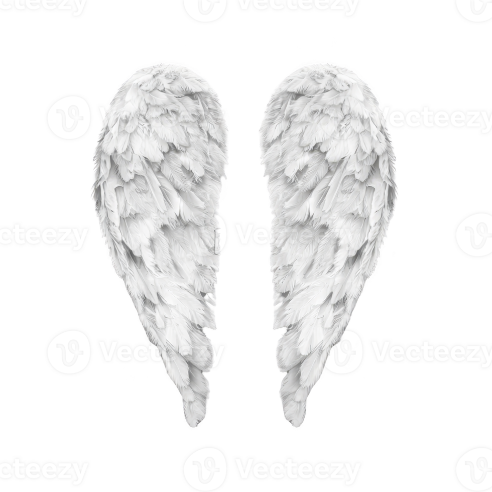 White angel wings with detailed feathers on transparency background, symbolizing purity and grace. wings are symmetrical and appear soft, evoking sense of serenity and ethereal beauty png