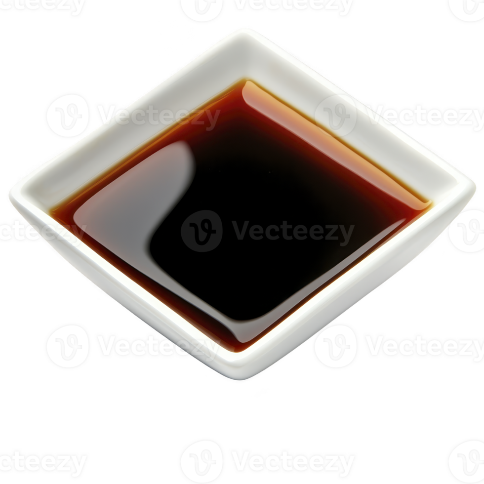 Small white square dish filled with dark soy sauce, commonly used in Asian cuisine for its rich, savory flavor. glossy surface reflects light, highlighting its smooth texture png