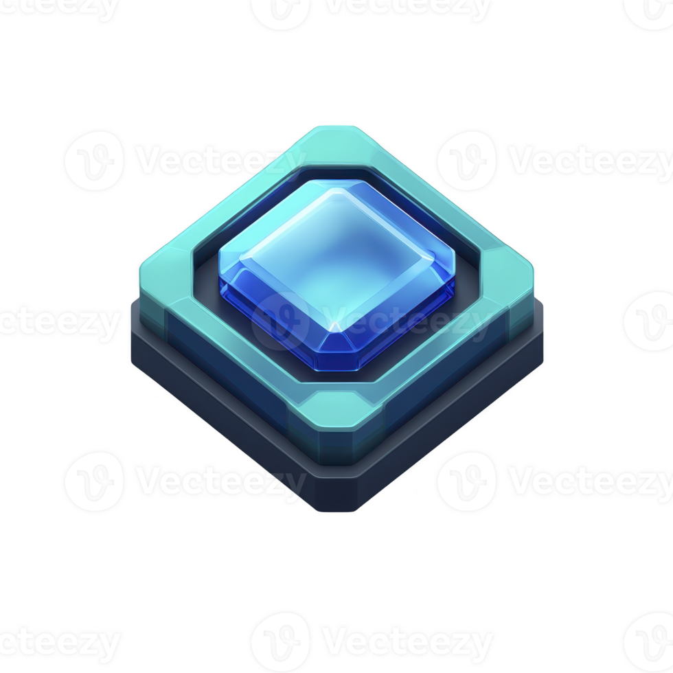 Blue and teal geometric 3D icon with layered square shapes, featuring glossy, transparent center. design is modern and sleek, suitable for digital interfaces or app icons png