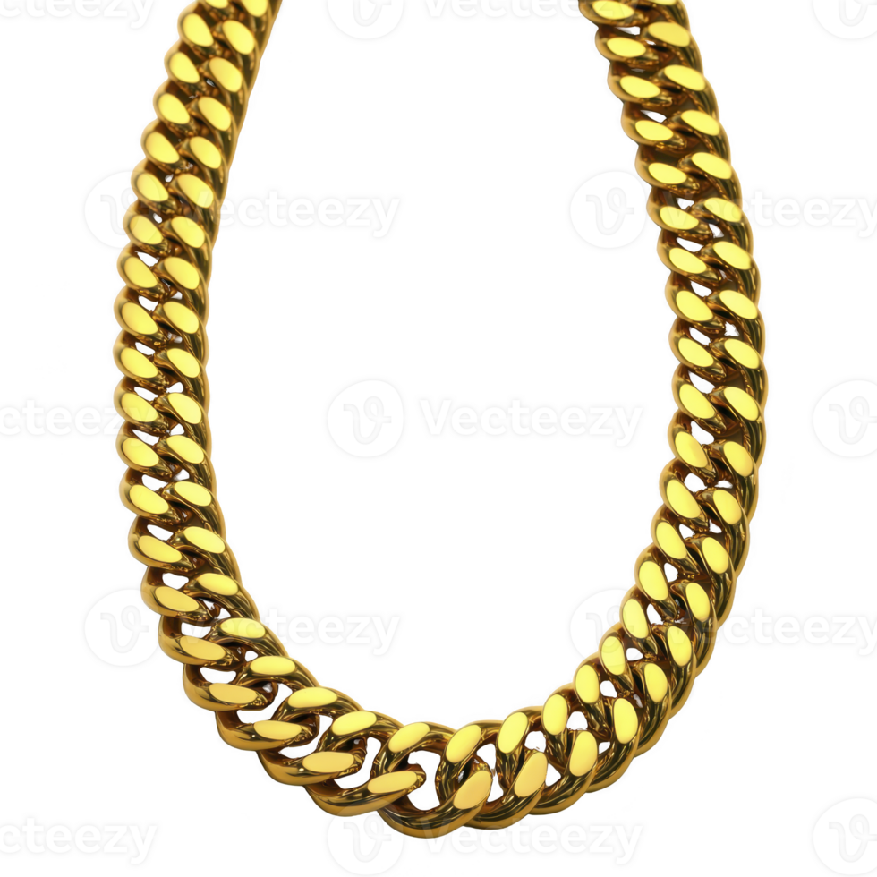 Shiny gold chain necklace with classic Cuban link design, reflecting light beautifully. necklace exudes elegance and luxury, perfect for formal occasions or as statement piece png