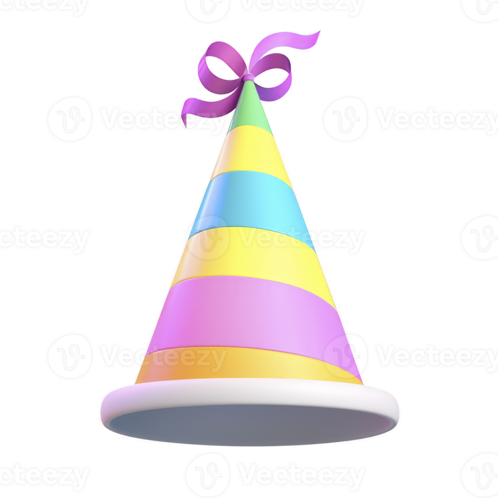 Colorful party hat with pastel stripes and ribbon on top, perfect for celebrations and festive occasions. hat features playful design with mix of pink, yellow, blue, and purple colors png