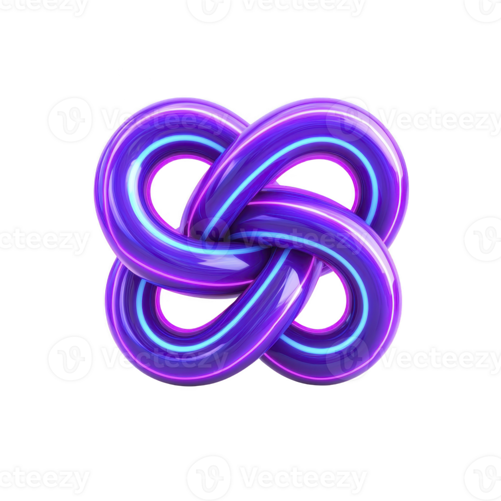 Vibrant, glossy purple and blue twisted knot with reflective surface, creating modern and abstract 3D design. intertwined loops form complex geometric shape png