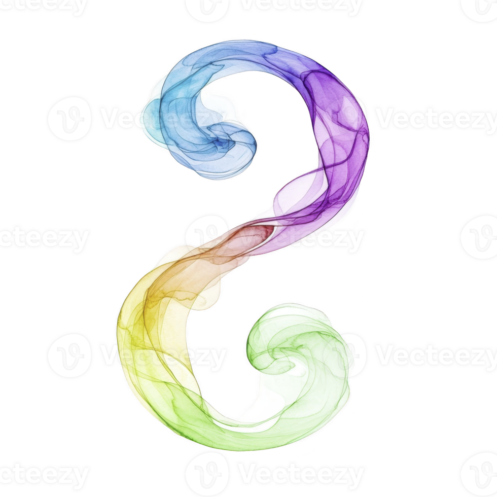 Vibrant, swirling design forms shape of number three, featuring gradient of colors from blue to purple, orange, yellow, and green, creating dynamic and artistic effect png