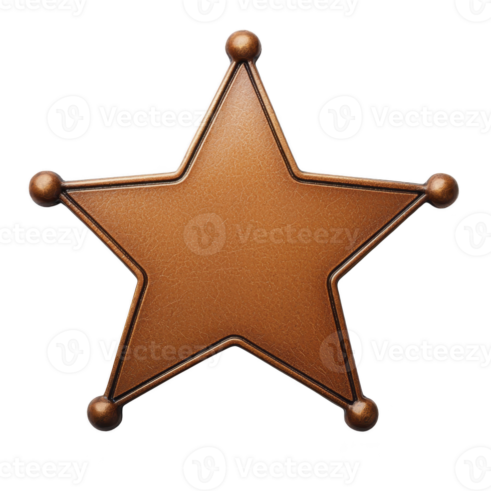 Brown sheriff badge in shape of five pointed star with leather texture and metallic edges, symbolizing authority and law enforcement png