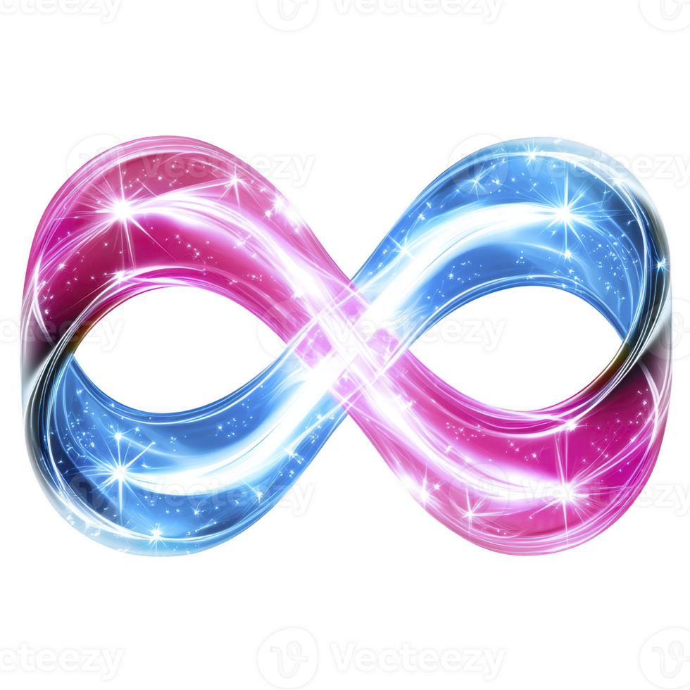 Vibrant infinity symbol with gradient of pink and blue hues, adorned with sparkling stars, represents endless possibilities and continuity. glossy finish adds modern touch png