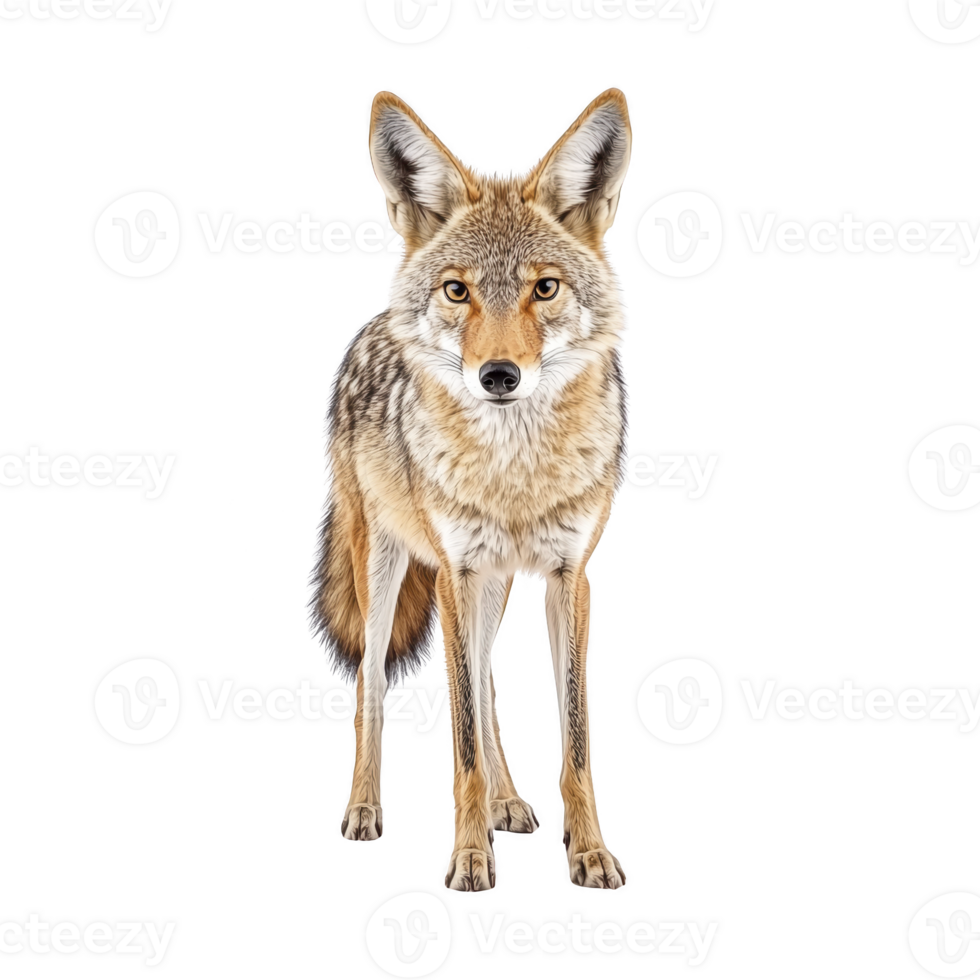 Coyote stands alertly, showcasing its thick fur and pointed ears against transparency background. animal keen gaze and bushy tail highlight its wild nature png